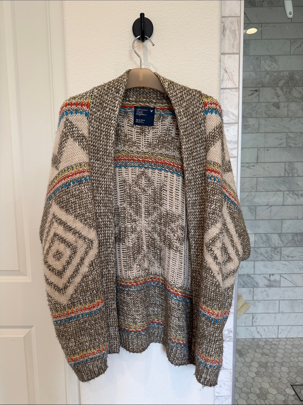 American Eagle Outfitters Neutral Marled Cardigan with Bright Stripe Accents